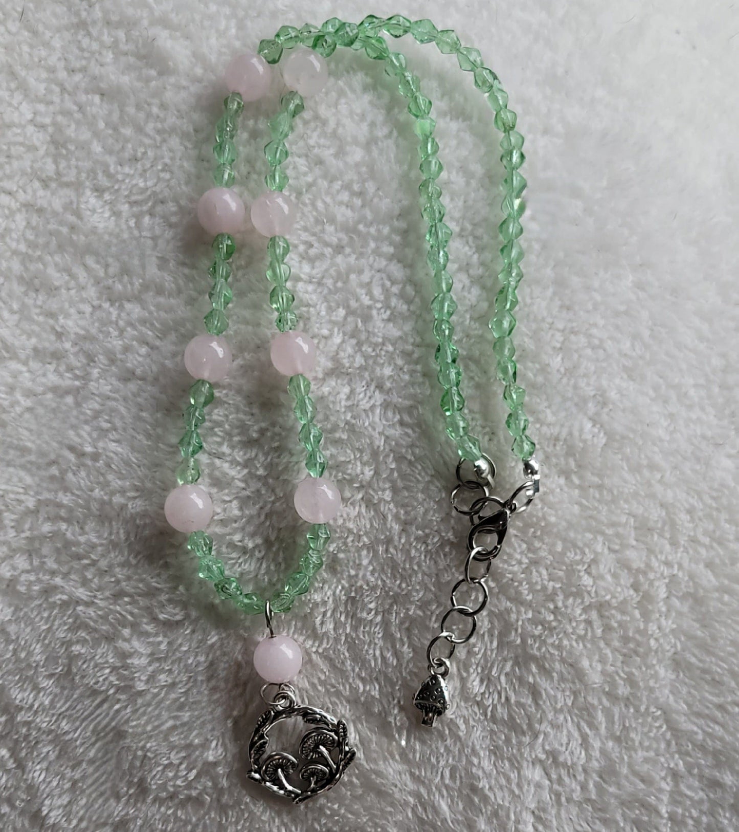 Rose Quartz & Mint Green Beaded Necklace with Mushroom details