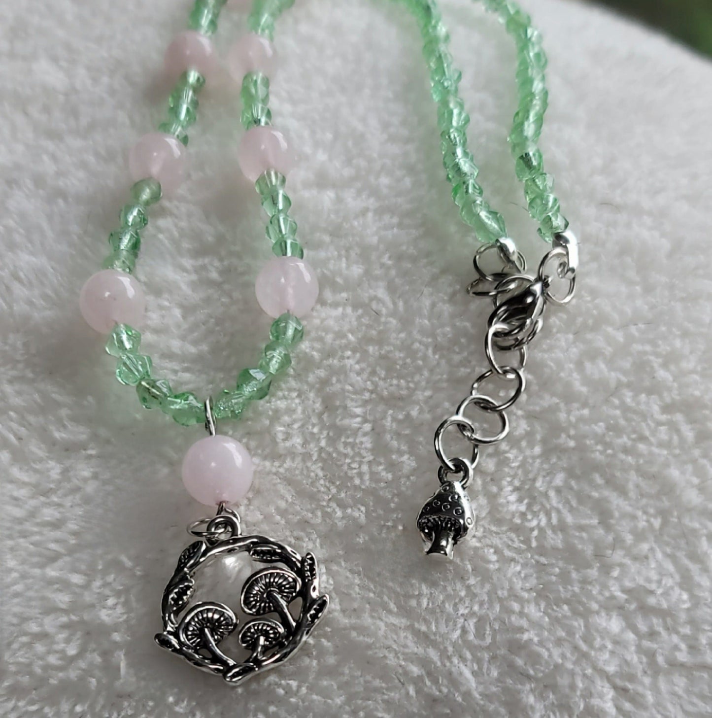 Rose Quartz & Mint Green Beaded Necklace with Mushroom details