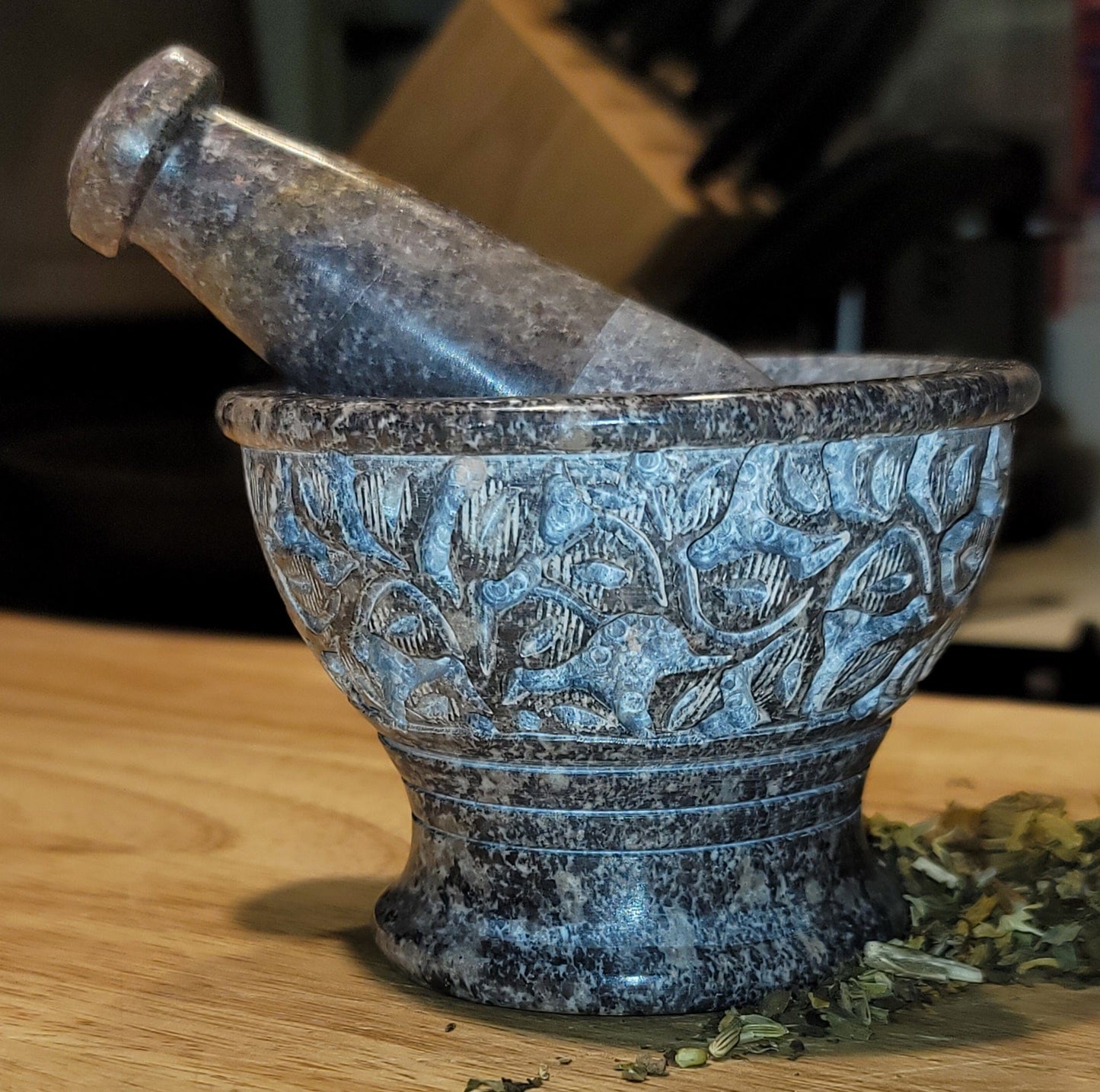 Soapstone Mortar & Pestle with Carved Leaves Natural (Each)