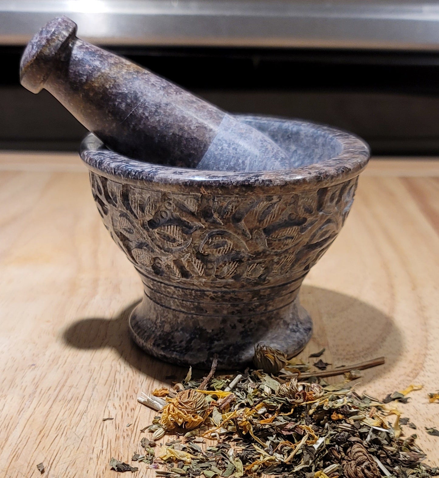 Soapstone Mortar & Pestle with Carved Leaves Natural (Each)