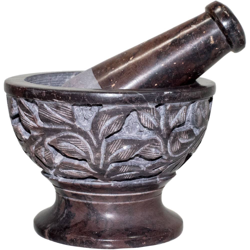 Soapstone Mortar & Pestle with Carved Leaves Natural (Each)