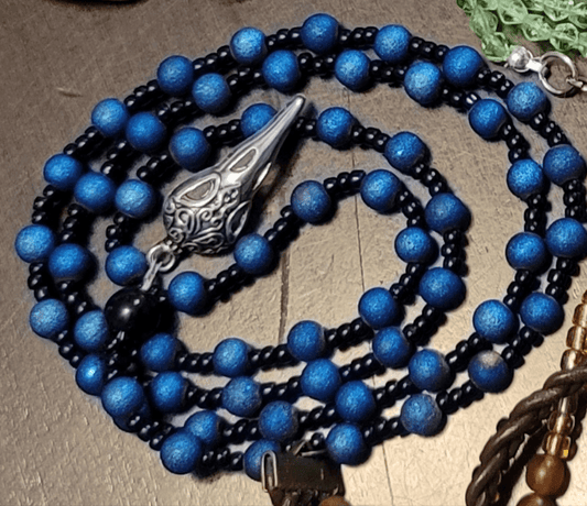 Black and Blue Beaded Raven Skull Necklace - Handmade