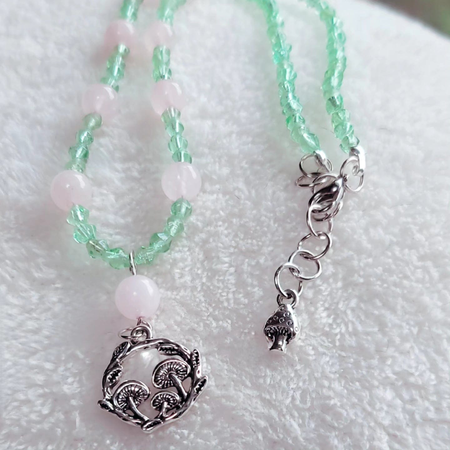 Rose Quartz & Mint Green Beaded Necklace with Mushroom details