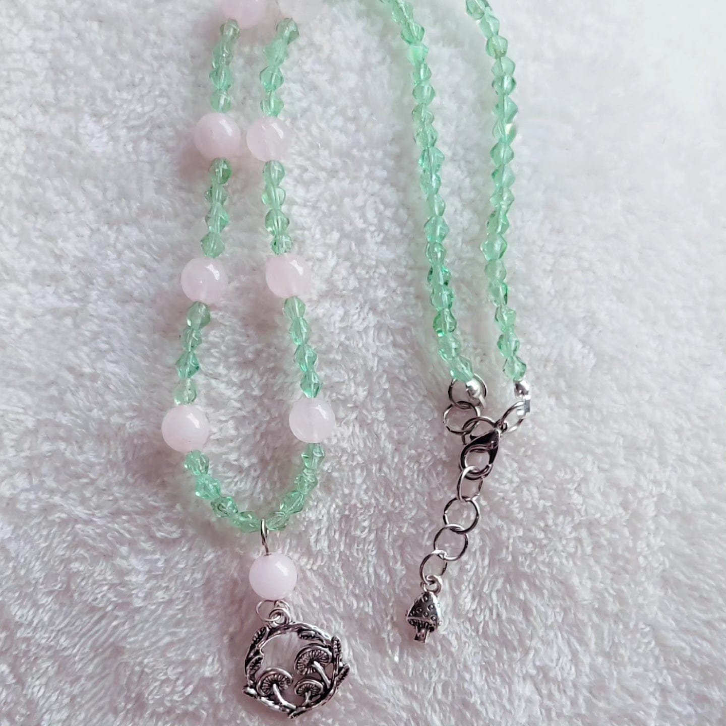 Rose Quartz & Mint Green Beaded Necklace with Mushroom details